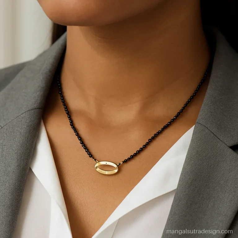 Woman wearing an office short mangalsutra with a two tone sideways oval link under a blazer