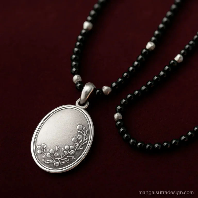 Silver long mangalsutra design with an engraved oval pendant on a double bead strand