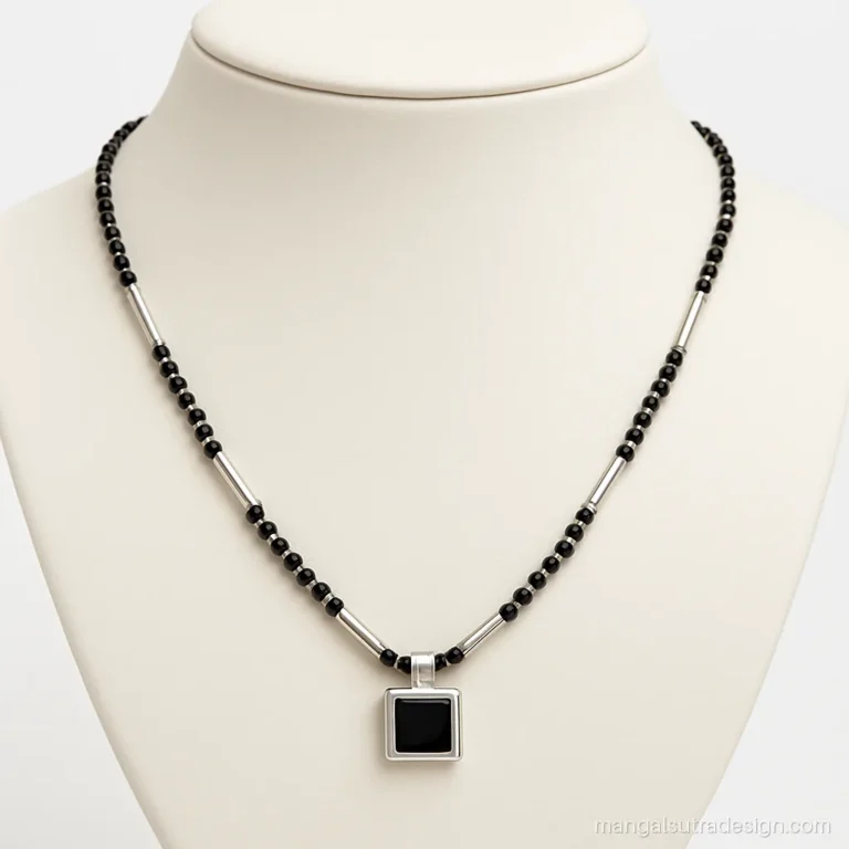 Silver black beads mangalsutra with silver tubes and a square onyx pendant