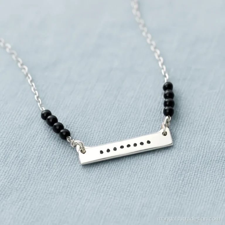 Silver mangalsutra chain with a small dotted bar and short black bead sections