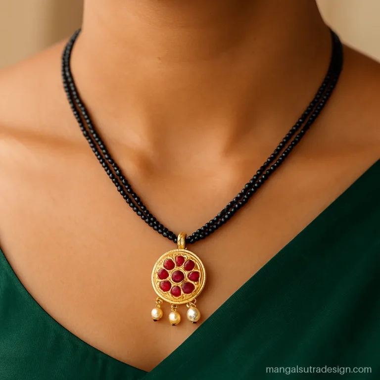 Gold plated silver mangalsutra with red stones and small pearl drops for sarees