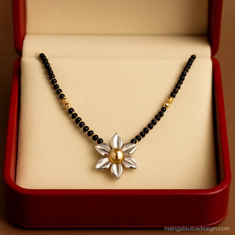 Two tone silver mangalsutra design with silver petals and a gold plated flower centre