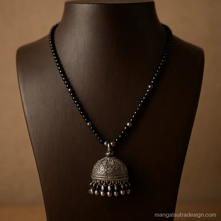 Antique silver mangalsutra design with a small dome jhumka style pendant