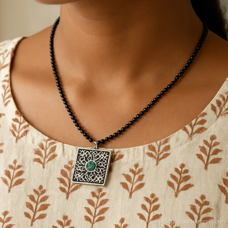 Chandi mangalsutra design with an oxidised filigree square and a green enamel dot
