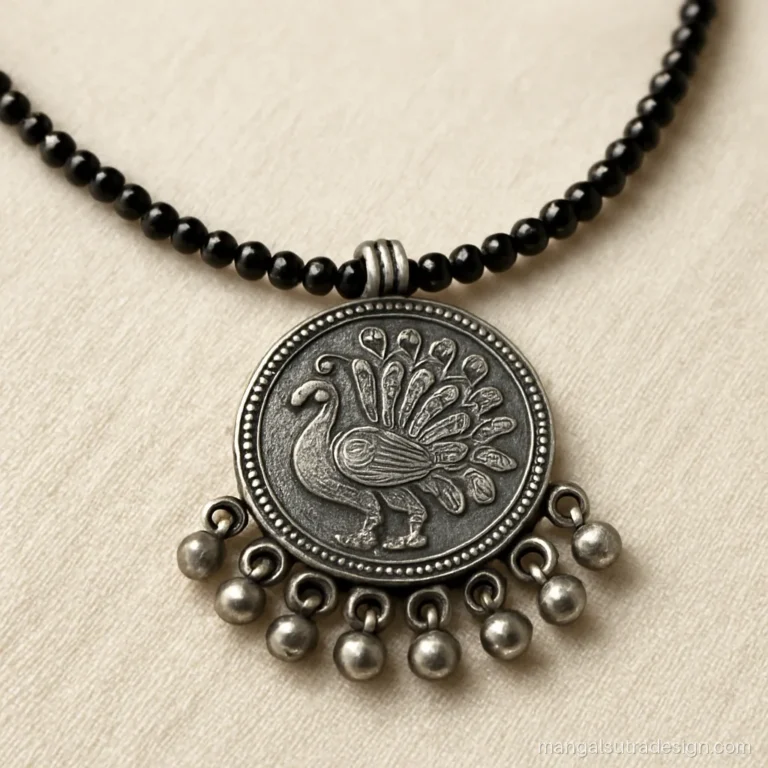 Oxidised chandi ka mangalsutra with a peacock coin and tiny ghungroo bells