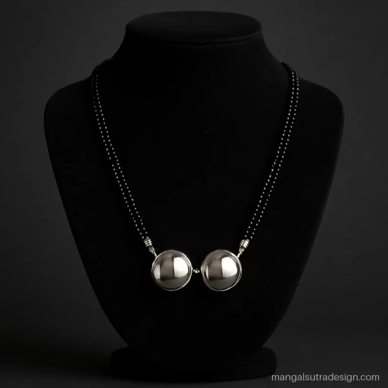 Silver mangalsutra design with two mirror polished silver vati cups on double black beads