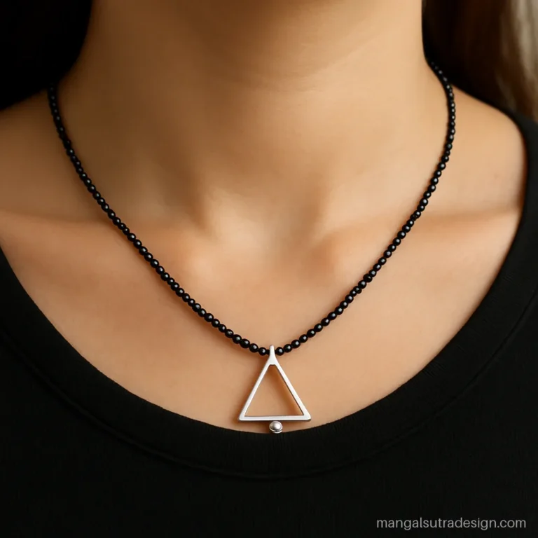 Modern silver mangalsutra for women with an open triangle and one white stone