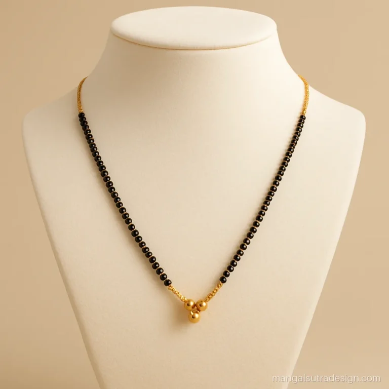 Small daily wear mangalsutra with a three gold ball slider pendant on black beads