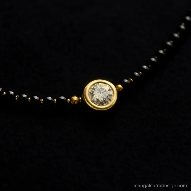 Minimal mangalsutra design with a tiny bezel set diamond on black beads