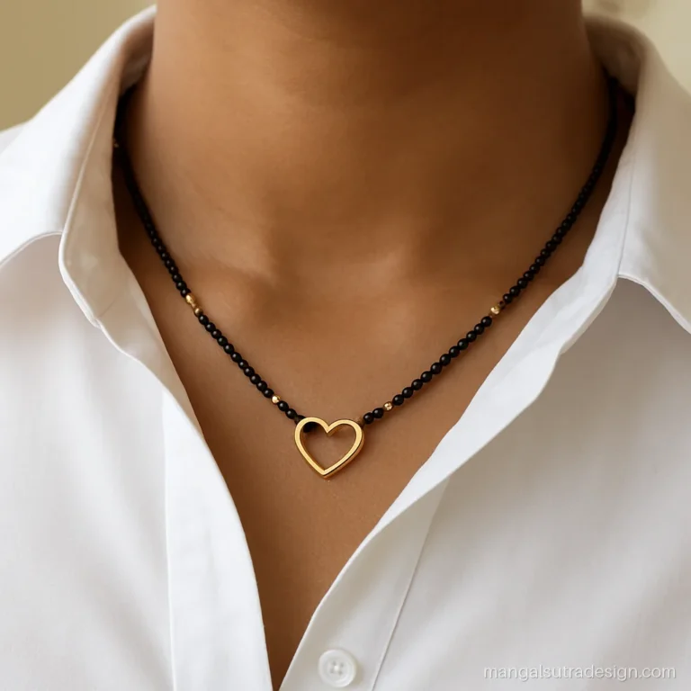 Small gold mangalsutra with an open heart outline pendant and gold tube sections