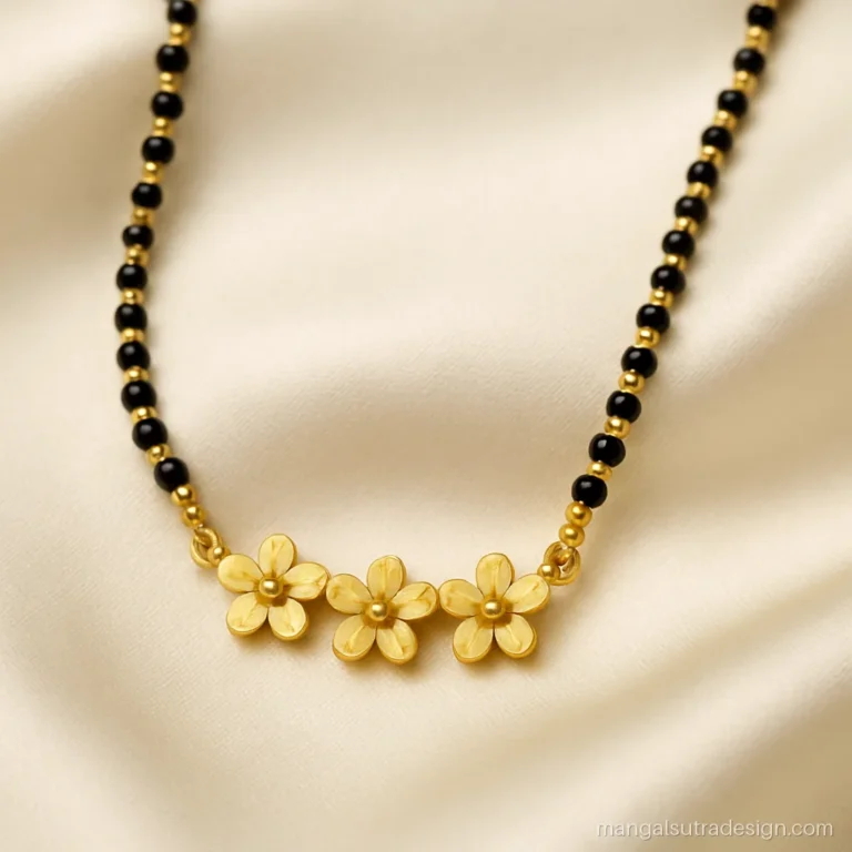Small mangalsutra design in gold with three tiny flowers in a row on black beads