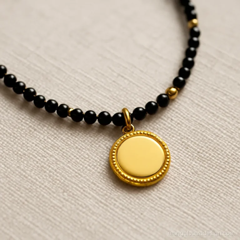 Mini mangalsutra design with an 8 mm gold coin pendant on a single black bead strand