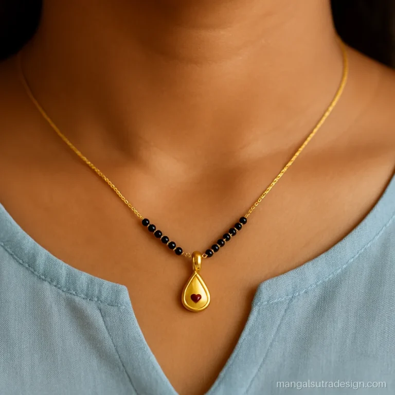 Gold mini mangalsutra design with a teardrop pendant and one small ruby dot