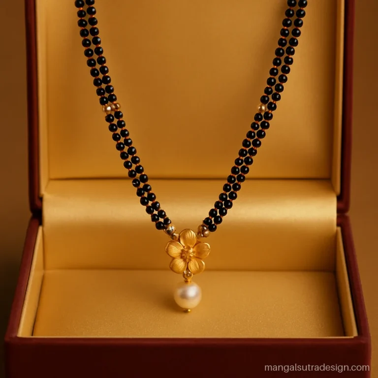 Small mangalsutra with a gold flower and one pearl drop on a double strand