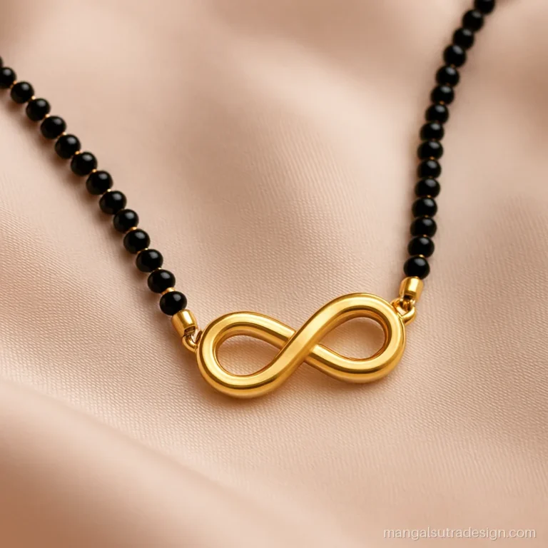 Small gold mangalsutra with an infinity link joining two black bead strands