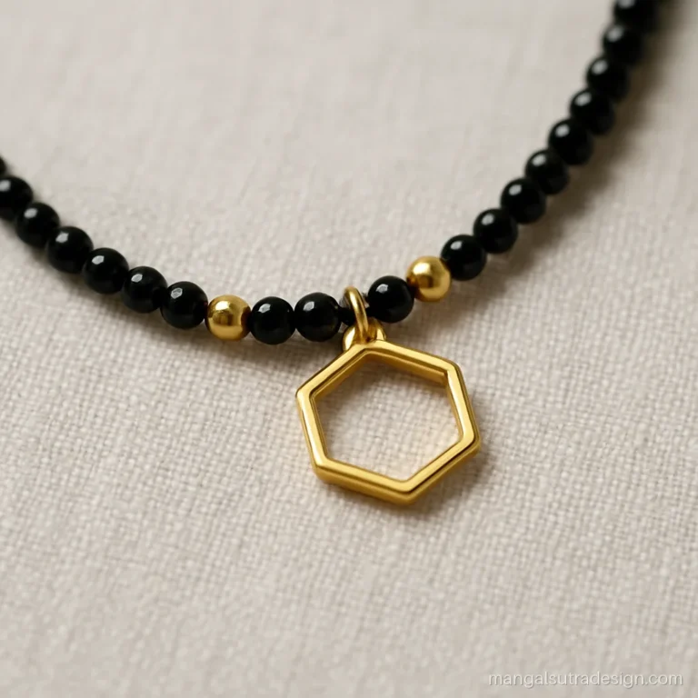 Small mangalsutra design gold with an open hexagon frame pendant on black beads