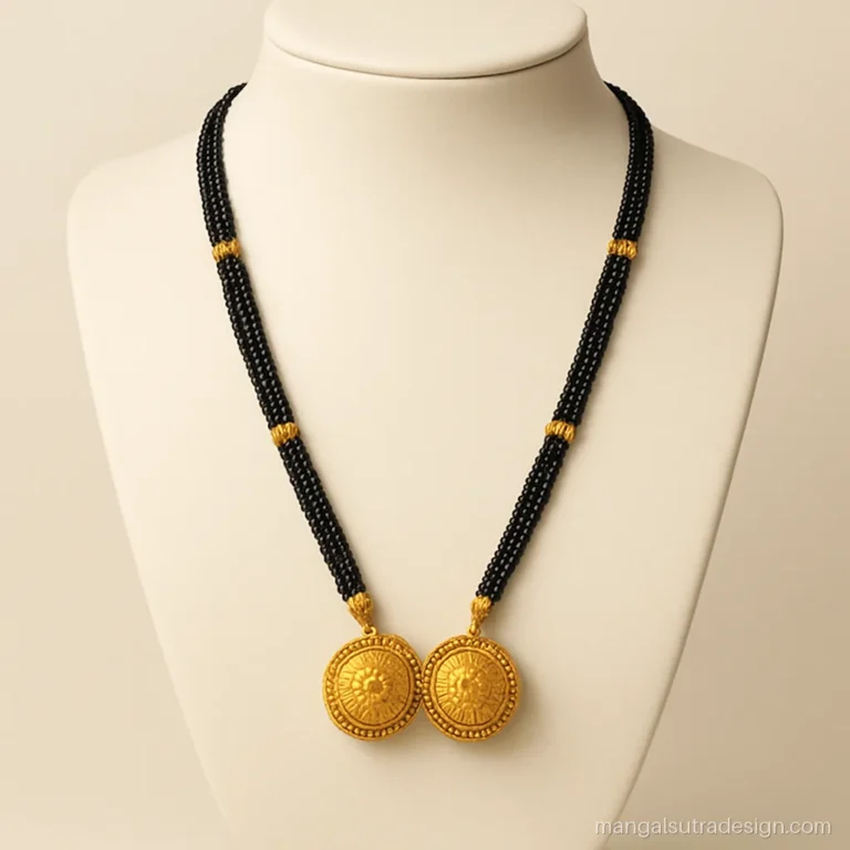 Andhra mangalsutra with pustelu discs on a long nallapusalu black bead chain