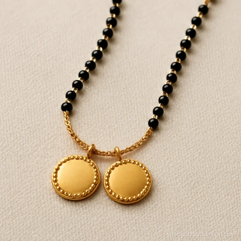 Karnataka mangalsutra with two gold discs on a karimani black bead and gold chain