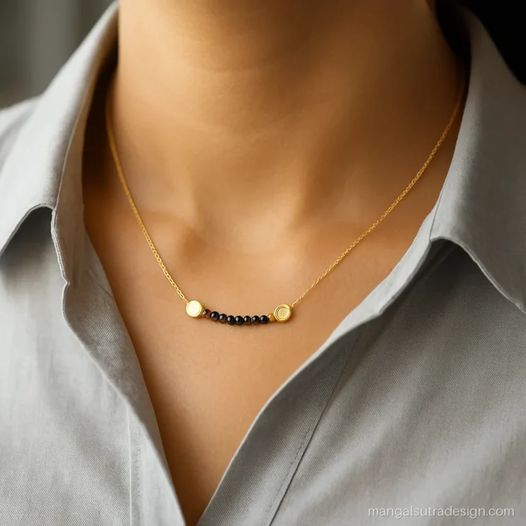Mini pustelu Telugu mangalsutra on a fine short chain worn with an office shirt