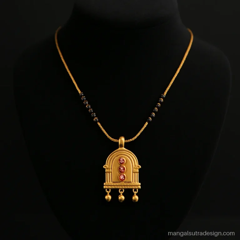 South Indian mangalsutra with a matte temple style pendant and small rubies