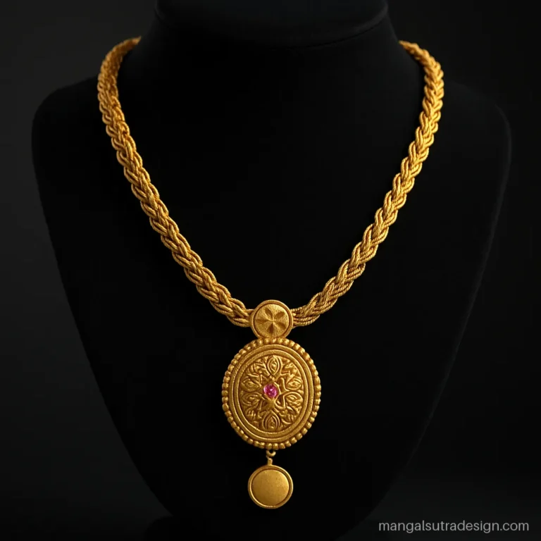 South Indian thali chain with a carved mugappu front piece and twisted gold links