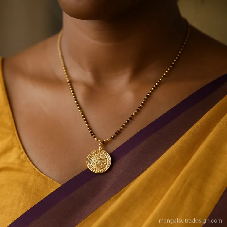 Tamil mangalsutra worn with a silk saree, thali chain resting on the blouse