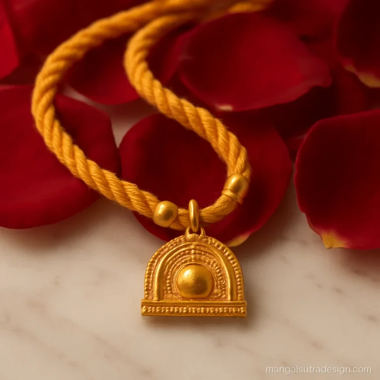 Tamil thali mangalsutra on a thick yellow thread with small gold beads
