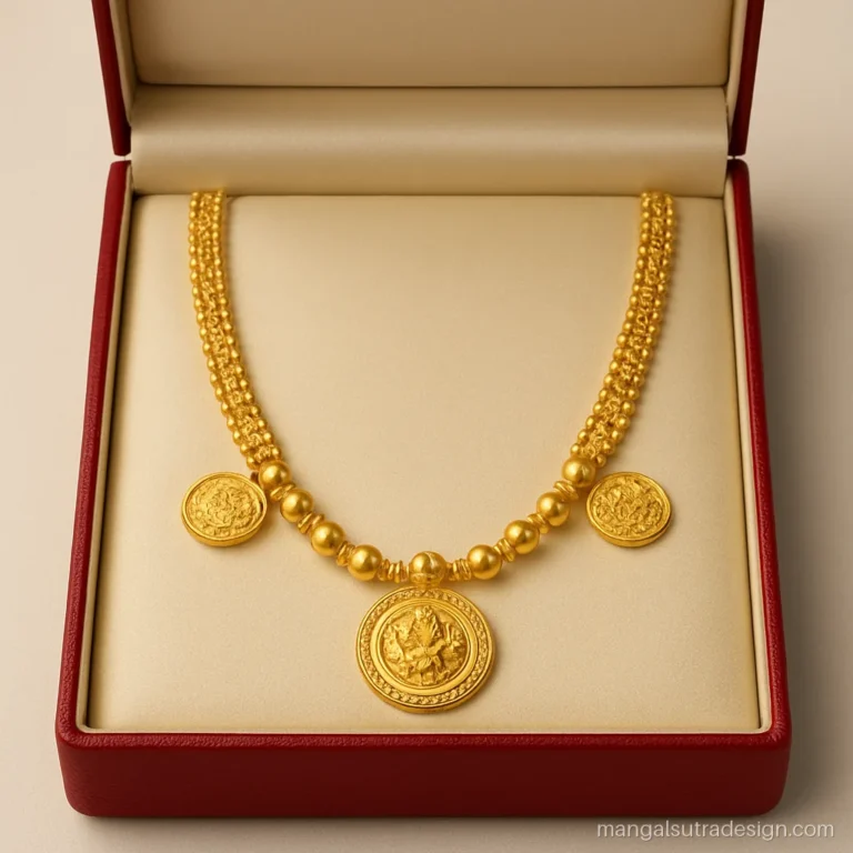 South Indian mangalsutra in gold with thali, kaasu coins and gundu beads on a chain