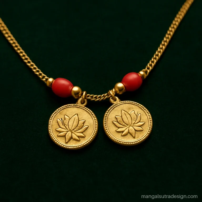 Telugu mangalsutra with lotus engraved pustelu discs and small coral beads on gold chain
