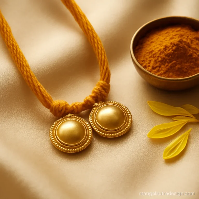 Telugu mangalsutra with two round gold pustelu discs on a turmeric yellow thread