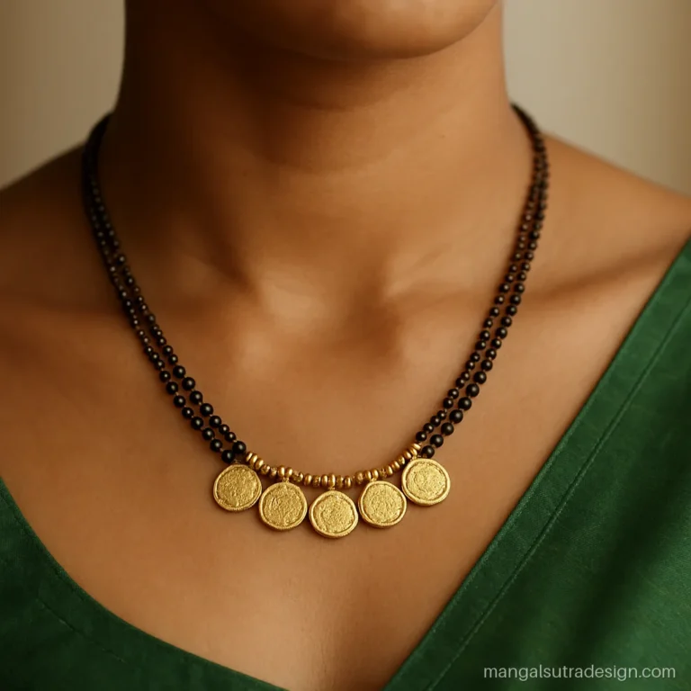 Gold Hindu mangalsutra with a row of small gold coins at the front of a black bead strand
