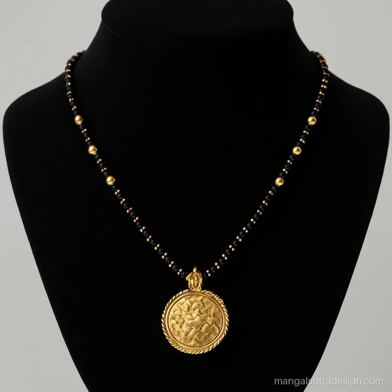 Traditional mangalsutra design with gold bead mala and a small engraved round pendant