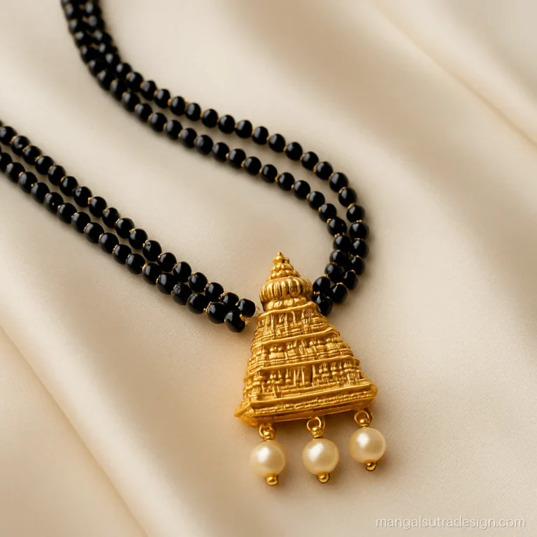 Gold temple mangalsutra with a gopuram shaped pendant and three small pearl drops