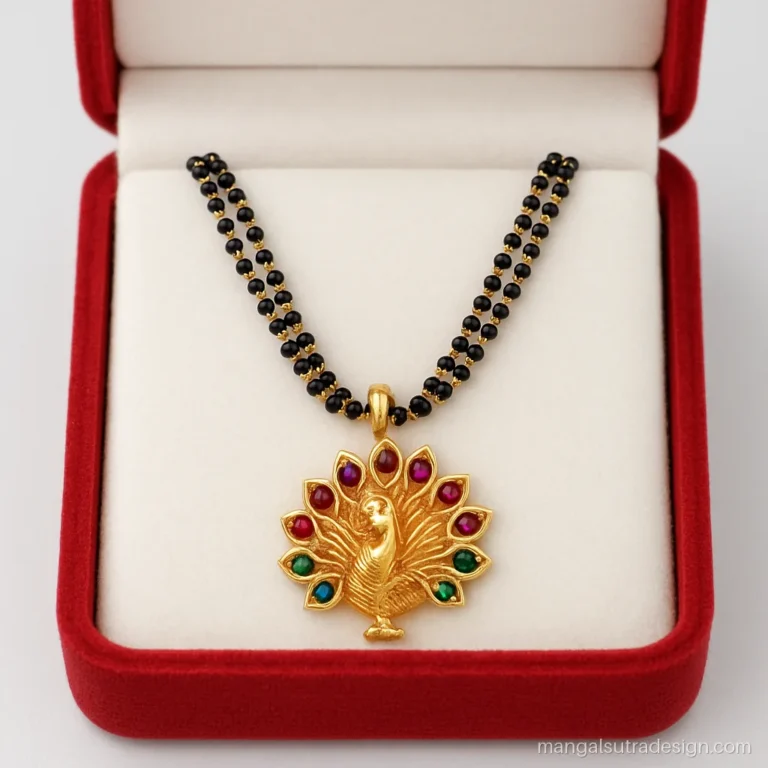 Temple style mangalsutra pendant with a gold peacock set with small rubies and emeralds