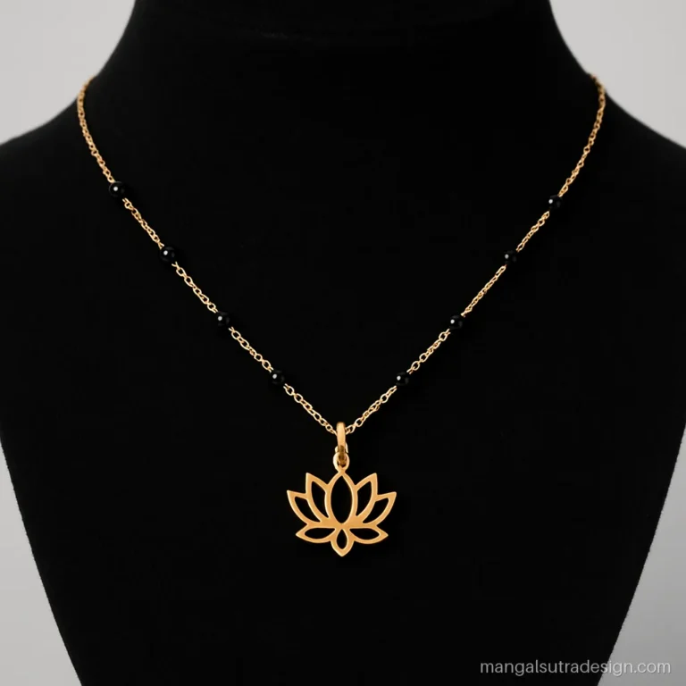 Traditional mangalsutra on a gold chain with a small flat lotus pendant and bead stations