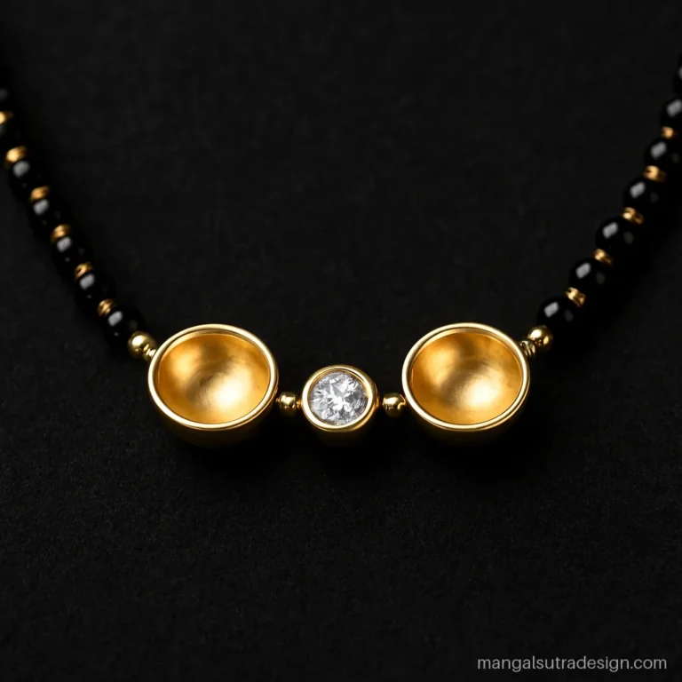 Modern traditional mangalsutra with mini vati cups and a single diamond on a short strand
