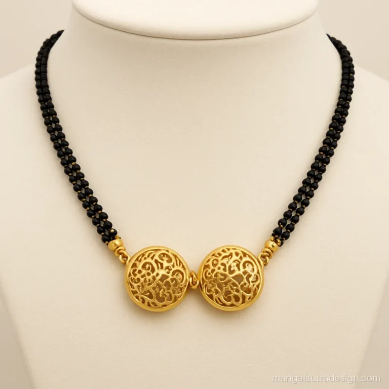 Two strand traditional gold mangalsutra with filigree vati cups and gold bead caps