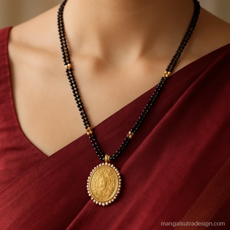 Long two strand traditional mangalsutra with an oval gold pendant and tiny pearl edge