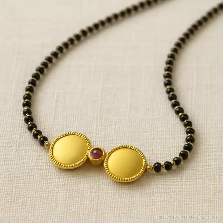Traditional gold mangalsutra design with two strands and a ruby dot between two vatis